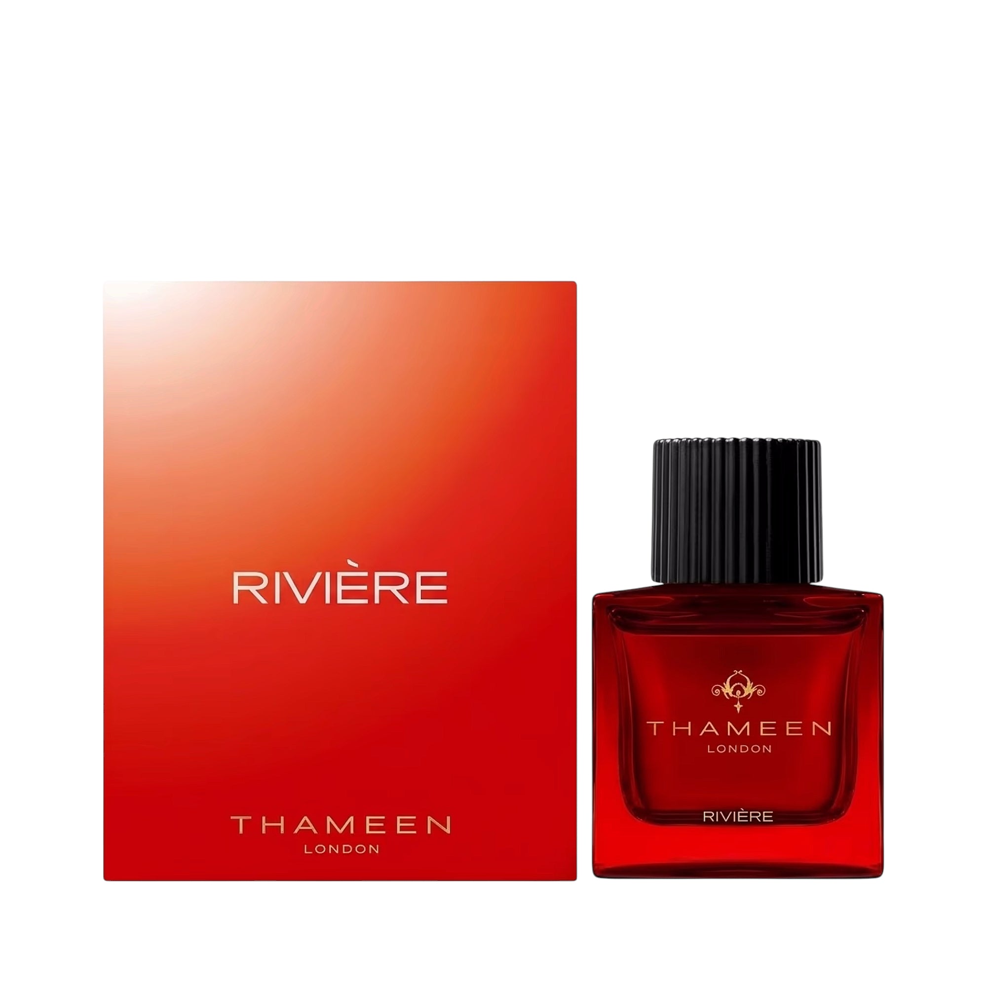 Red and orange gradient box with white text. Square red glass perfume bottle with black ribbed cap, gold-toned emblem, and wh