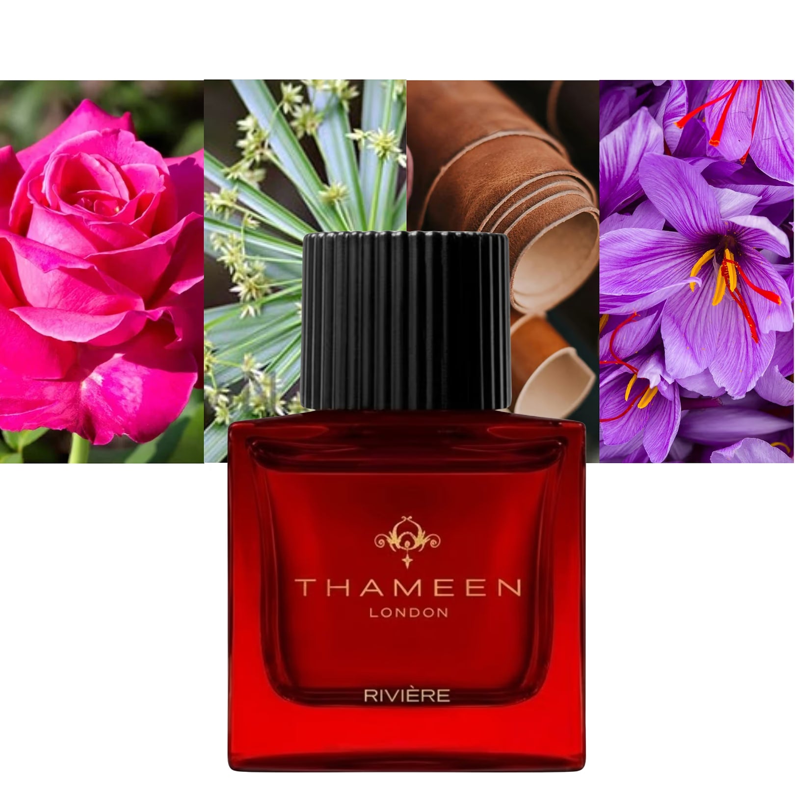 Red rectangular glass perfume bottle with a black ribbed cap. Features a gold-toned logo and white text 'THAMEEN LONDON RIVIÈ
