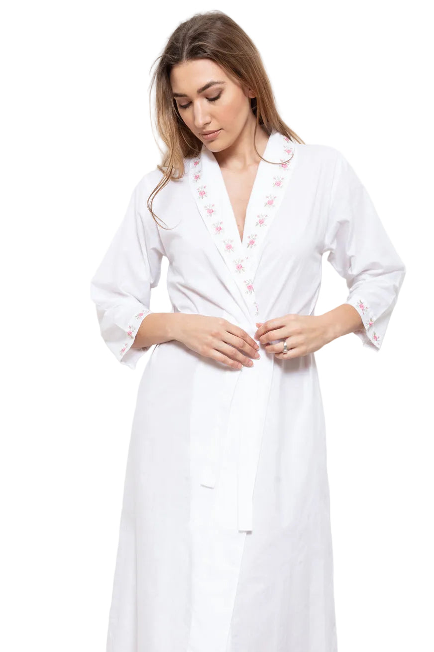 White shawl robe with pink rose embroidery on the collar and three-quarter length cuffs, and a self-tie belt.