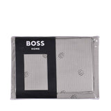 Light gray bedding set with thin vertical stripes and a repeating darker gray stylized "BB" logo pattern.