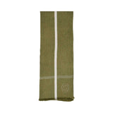 Jadeite green woven throw with a central white stripe, a white stylized 'B' logo near one end, and fringed edges.
