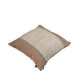 Square cushion cover with a central beige herringbone panel, bordered by thin black stripes and solid brown panels. Gold-tone