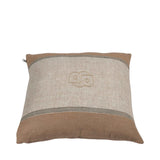 Square cushion cover with brown top and bottom bands, a light beige herringbone middle band with an embroidered logo, and bla