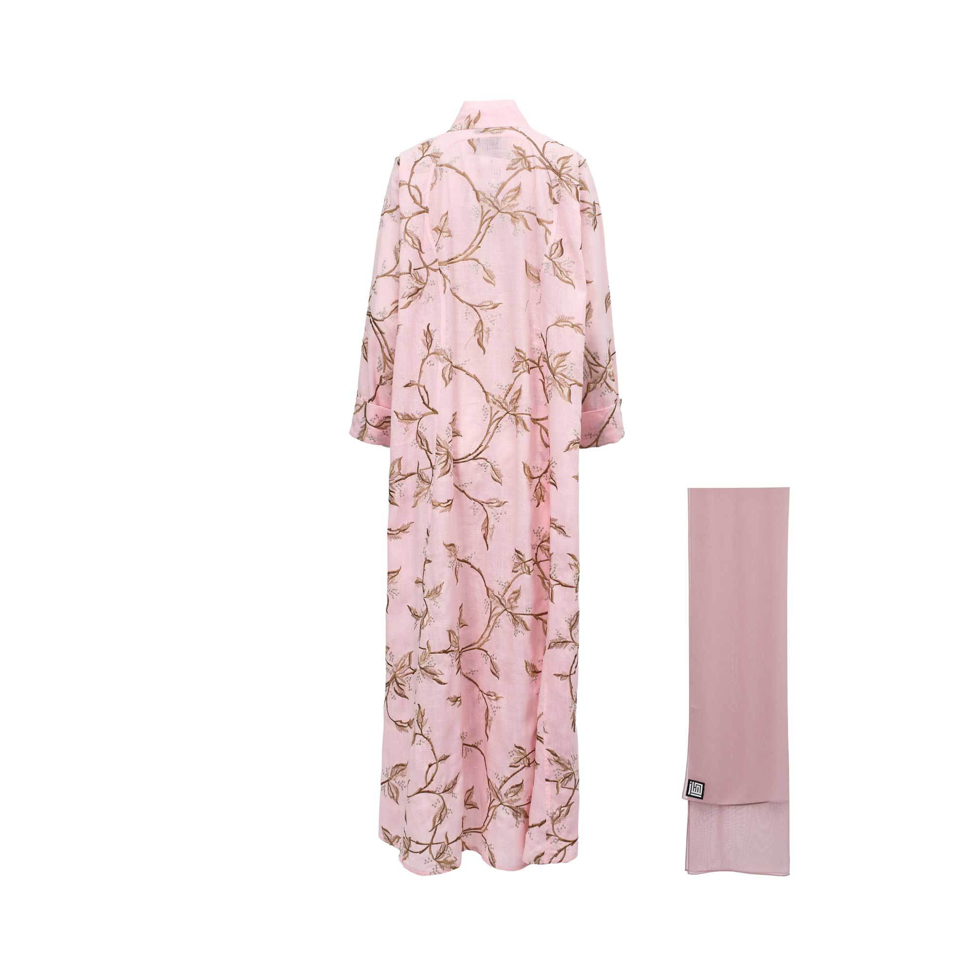 Back view of the Hayas Boutique light pink linen open abaya, highlighting the detailed gold floral vine embroidery, set against a white background with the matching dusty rose hijab.