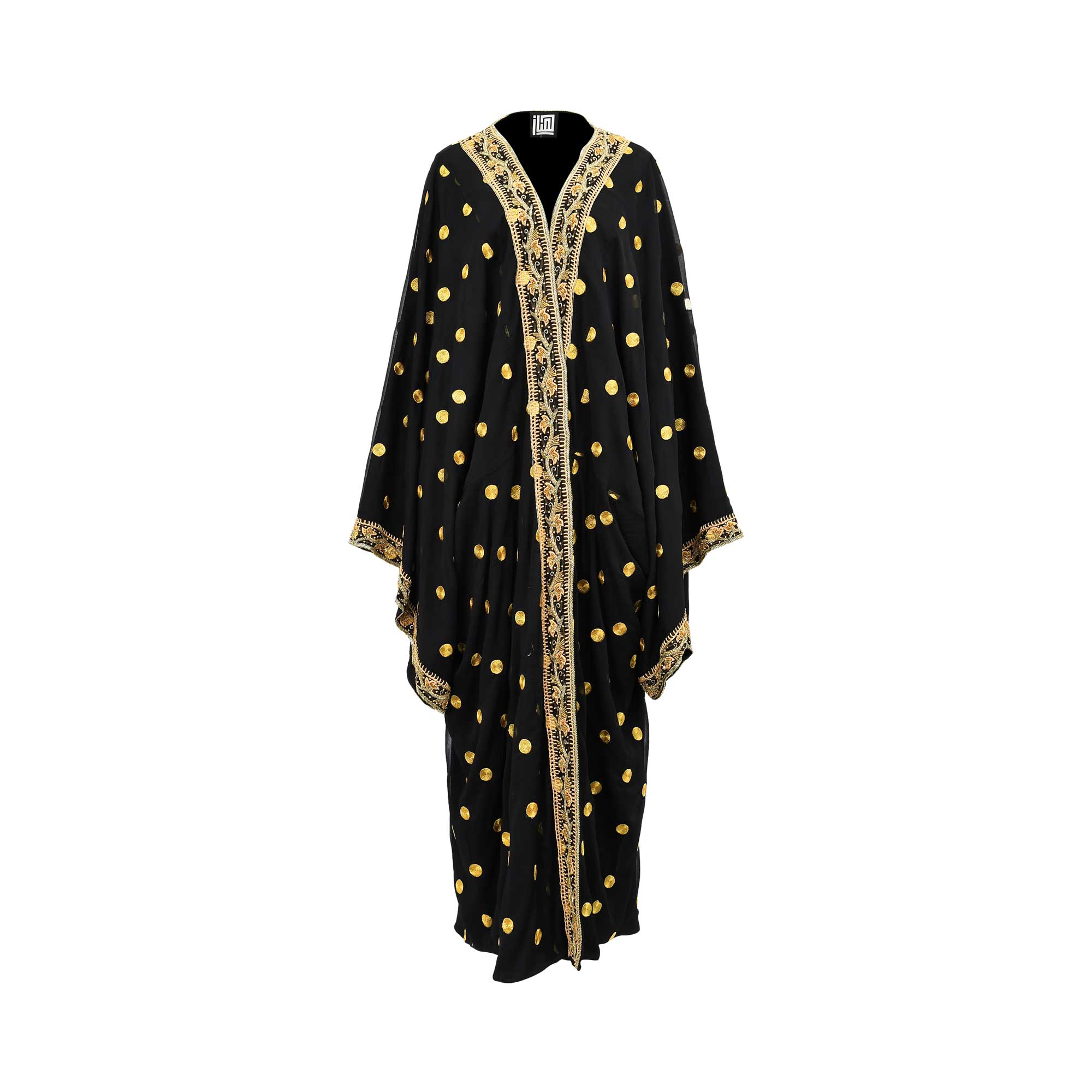 Front view of a Hayas Boutique black chiffon kaftan abaya featuring gold embroidered polka dots and ornate gold lace detailing on the V-neck and sleeves.