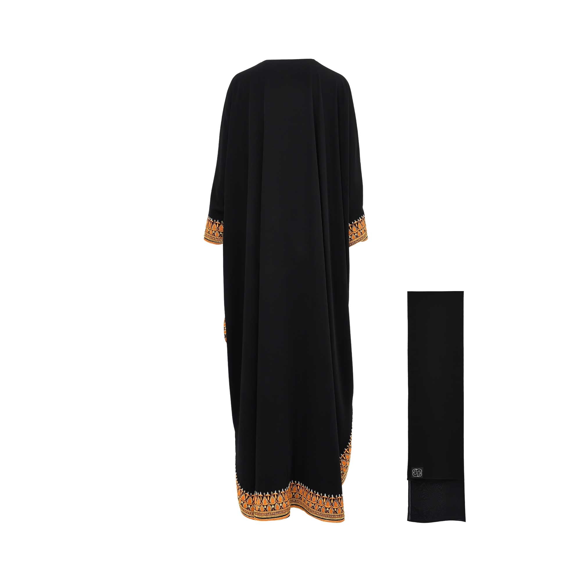 Back view of the black embroidered Kaftan Abaya showing the flowing drape and hemline detail.