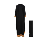 Back view of the black embroidered Kaftan Abaya showing the flowing drape and hemline detail.