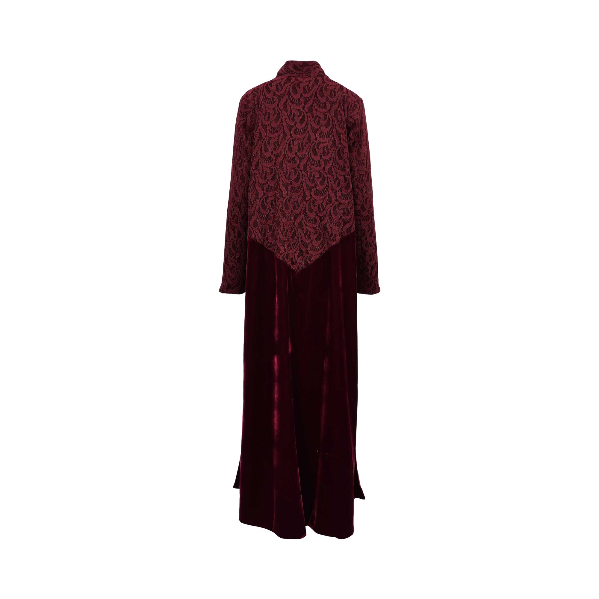Back view of the maroon velvet and lace abaya showing the chevron-style transition between the two fabrics.