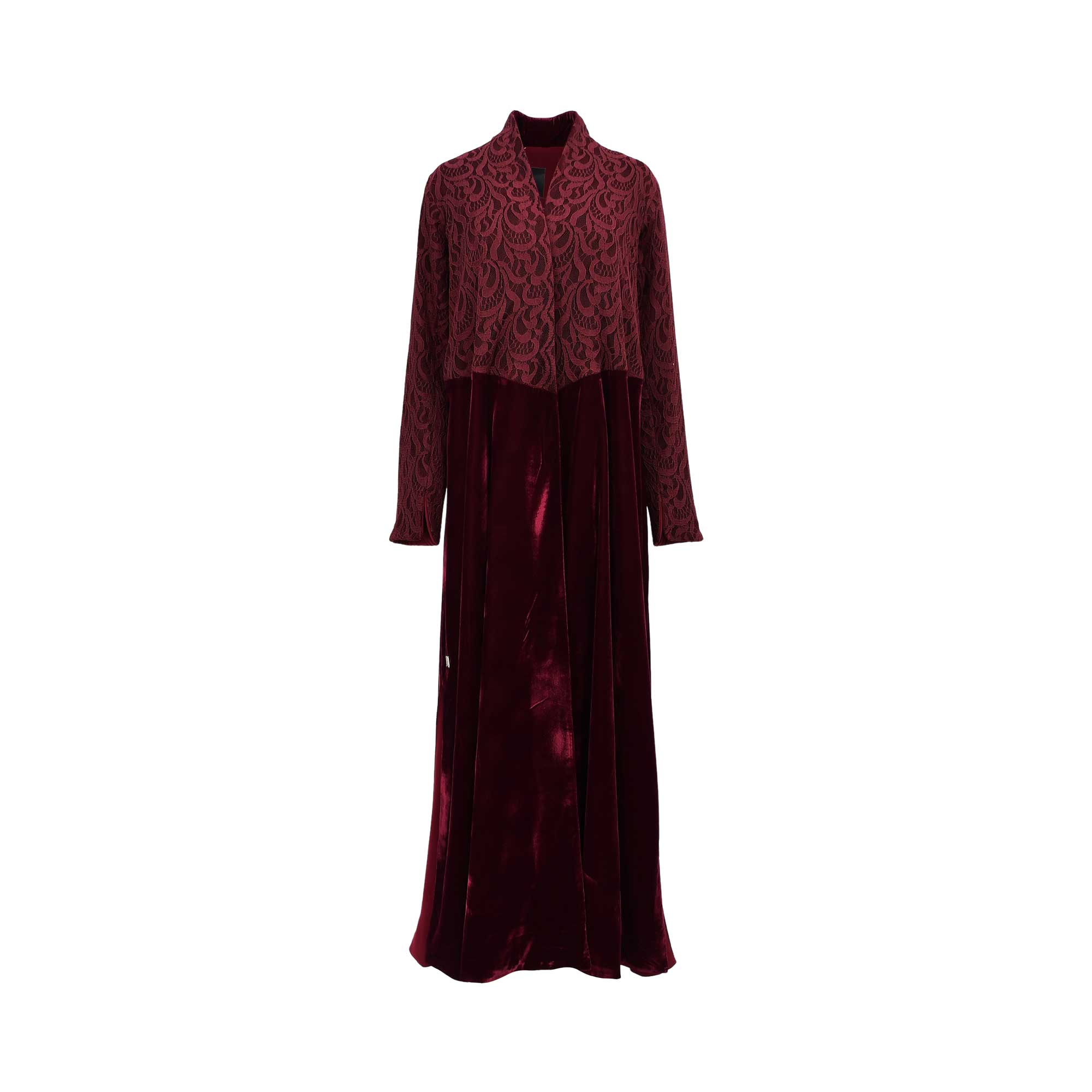 Front view of a maroon abaya featuring a floral lace upper and a high-sheen velvet lower section.