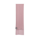 Another angle of the dusty rose hijab, focusing on the sheer material and the visible brand logo, clearly displaying the color and texture