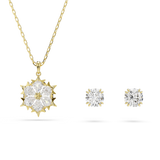 A high-resolution close-up studio shot of the 2-piece Swarovski Magic jewelry set, highlighting the intricate mixed-cut white crystal snowflake pendant and the pair of matching round solitaire stud earrings against a clean white background.
