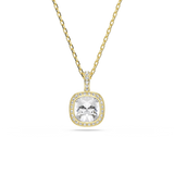 A high-resolution close-up studio shot of the Swarovski Una Angelic pendant, emphasizing the square cushion-cut white crystal center stone and its surrounding pavé halo frame in an 18K gold finish.