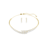 A high-resolution direct frontal studio layout of the 2-piece Swarovski Mesmera jewelry set, arranged to display the full curve of the marquise-cut crystal necklace alongside the matching pair of vertical drop earrings.