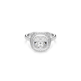 A high-resolution top-down studio shot of the Swarovski Una Angelic halo ring, highlighting the flawless symmetry of the large white cushion-cut central stone encircled by a shimmering crystal halo on a polished rhodium-plated band.