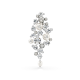 A high-resolution direct frontal studio shot of the Swarovski Constella brooch against a white background, displaying its vertical cluster arrangement of multi-sized white and silver crystal pearls, round clear stones, and a dangling pearl droplet.