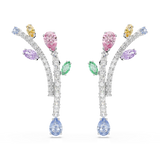 A high-resolution direct frontal studio shot of the Swarovski Ariana Grande drop earrings pair, displaying the mirroring branch silhouettes set with baguette stems and colorful pink, purple, yellow, green, and blue crystals.