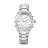 A high-resolution direct frontal studio shot of the Swarovski Dextera Tachymetre watch, highlighting its three-subdial chronograph layout, grid-textured silver face, and matching stainless steel link bracelet.