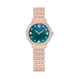 A high-resolution direct frontal studio shot of the Swarovski Imber watch against a white background, highlighting its circular crystal-framed bezel, vibrant green mother-of-pearl dial, and multi-row pavé crystal link bracelet.
