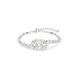 A high-resolution direct frontal studio shot of the Swarovski Mesmera bracelet in an open loop, displaying its central overlapping cluster of clear marquise crystals reflecting light across the rhodium-plated frame.