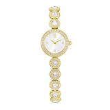 A high-resolution direct frontal studio shot of the Swarovski Una Angelic watch laid flat on a white surface, showcasing its gold-tone pave-set round bezel, silver sunray dial, and matching crystal link bracelet.
