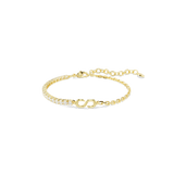 A high-resolution direct frontal studio shot of the Swarovski Matrix bracelet laid out on a white surface, displaying its half-paved round white crystal design, central infinity knot, and polished gold-plated links.