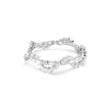 A high-resolution direct frontal studio shot of the Swarovski Mesmera bracelet in a freestanding loop, showing its geometric mix of clear baguette and marquise crystals reflecting light across the rhodium-plated frame.