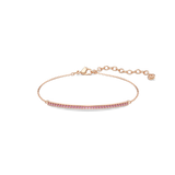 A high-resolution direct frontal studio shot of the Swarovski Only bracelet laid out on a white surface, displaying its radiant pink crystal-paved bar focal point and its adjustable rose gold-finished chain.