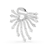 A high-resolution direct frontal studio shot of the Swarovski Vienna brooch against a white background, displaying the iconic swan head design with a fanning tail arrangement of baguette and kite-cut white crystals.