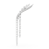 A high-resolution direct frontal studio shot of the Swarovski Mesmera brooch, highlighting the clean V-shaped architecture lined with baguette crystals and accented by an inner cascade of marquise crystals.
