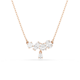 A high-resolution front studio view of the Swarovski Mesmera necklace centerpiece, showcasing the horizontal arrangement of round, marquise, trillion, and oval crystals with a dangling pear-cut droplet in warm rose gold.