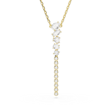 A high-resolution front studio view of the Swarovski Mesmera Y pendant, highlighting the elegant vertical progression of pear, marquise, trillion, and round-cut white crystals in a gold-plated setting.