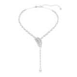 A high-resolution front studio view of the Swarovski Vienna Y necklace, highlighting the detailed, crystal-paved feather centerpiece and the elegant, cascading mixed-cut crystal drop.