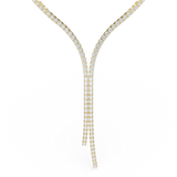 A high-resolution front studio view of the Swarovski Matrix Y necklace, displaying the elegant convergence and staggered double-strand drop of brilliant round-cut white crystals in warm yellow gold.