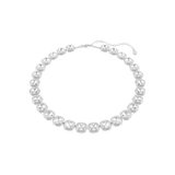 A high-resolution full layout view of the Swarovski Una Angelic necklace, showcasing the complete, radiant circle of cushion-cut white crystals nestled inside individual pavé halos.
