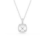 A high-resolution front studio view of the Swarovski Una Angelic pendant, highlighting the large cushion-cut white crystal centerpiece framed by a sparkling halo of clear crystal pavé on a rhodium-plated chain.
