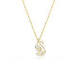 A detailed rear product view of the Swarovski Swan pendant, showing the smooth, highly polished 18K gold-plated back, the structured open settings, and the delicate signature stamp.