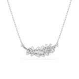 A high-resolution front studio view of the Swarovski Vienna pendant, highlighting the textured arrangement of marquise and round white crystals forming a curved feather in a polished rhodium-plated setting.