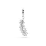 A high-resolution front studio view of the Swarovski Vienna charm, showcasing the detailed feather motif encrusted with round and marquise-cut white crystals under a polished rhodium-plated clip clasp.