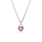 A high-resolution front studio view of the Swarovski Chroma pendant, highlighting the deep, multifaceted cuts of the pink heart crystal and the polished rhodium-plated suspension bail.