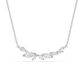 A high-resolution front studio view of the Swarovski Mesmera necklace centerpiece, showcasing the asymmetric curved cluster of multi-sized, brilliant marquise-cut white crystals on a rhodium chain.