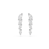 A crisp overhead studio view of the Swarovski Mesmera drop earrings facing forward, highlighting the symmetrical, cascading layout of the multi-faceted marquise white crystals.