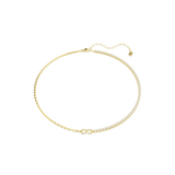A high-resolution overhead studio view of the Swarovski Matrix necklace laid out in a perfect circle, highlighting the striking contrast between the crystal-set half, the central gold infinity link, and the polished 18K gold-plated box chain.