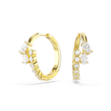 A high-resolution front studio view of the Swarovski Mesmera hoop earrings, showcasing the pair in 18K gold plating with their sparkling round, pear, and marquise-cut crystal embellishments.
