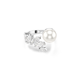 A high-resolution front perspective view of the Swarovski Mesmera open ring, highlighting the asymmetrical bypass design featuring a large, round white crystal pearl directly facing an escalating fan of five shimmering, marquise-cut clear crystals set on a polished rhodium-plated band.