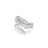 A high-resolution three-quarter studio shot of the Swarovski Vienna open ring, detailing the elaborate alignment of baguette and round crystals forming a feather plume that gently bypasses a sparkling, pavé-set rhodium band.