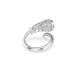 A detailed high-angle rear perspective view of the Swarovski Vienna open ring, revealing the smooth, polished interior of the rhodium-plated band and the neat drill-hole craftsmanship supporting the mixed-cut feather setting.