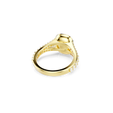 A detailed high-angle rear perspective of the Swarovski Una Angelic ring, revealing the polished inner band structure, the smooth under-bezel cup support, and the neat rows of open-back drill holes designed to optimize light entry beneath the pavé crystals.