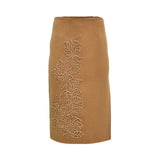Ermanno Firenze camel high-waisted mini-skirt with tonal floral embroidery and elegant wool-blend finish. Order Online Today.