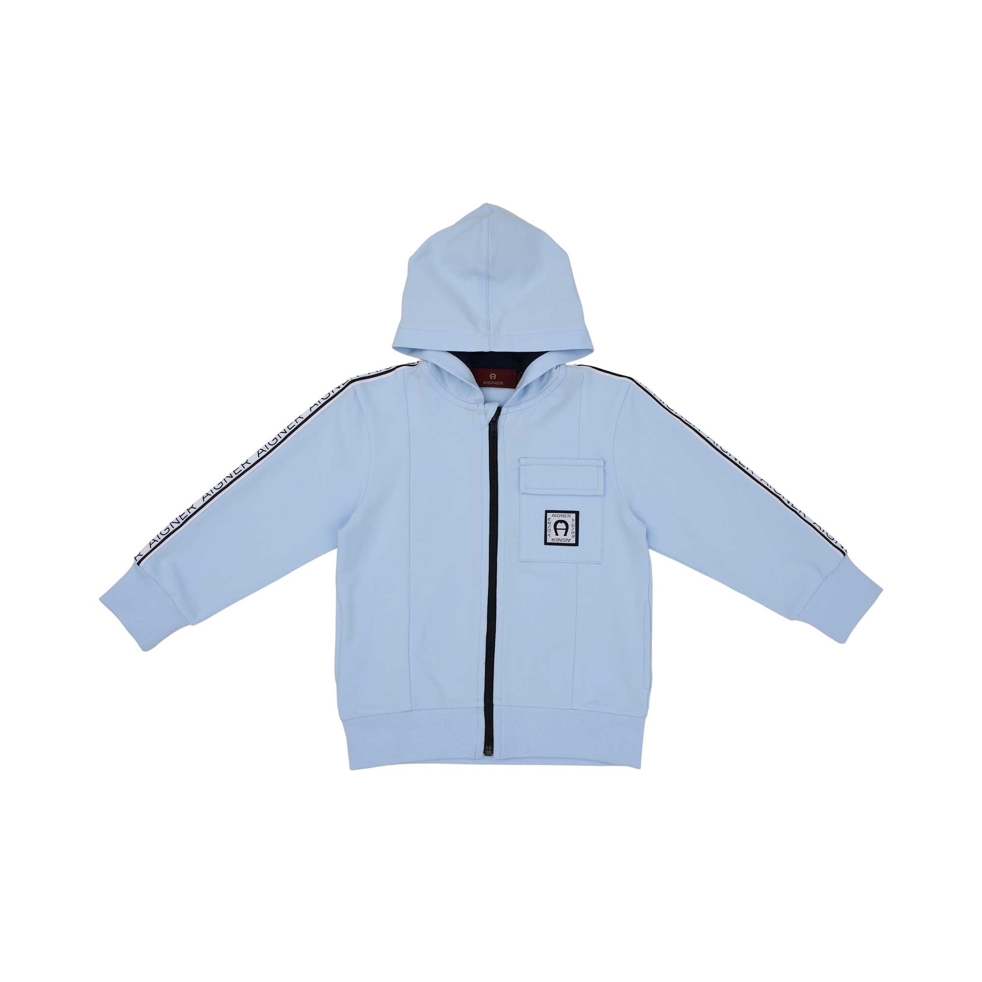 Hoodie front view of the Aigner Kids boys blue logo tape  jogging suit. Shop the Collection Online.