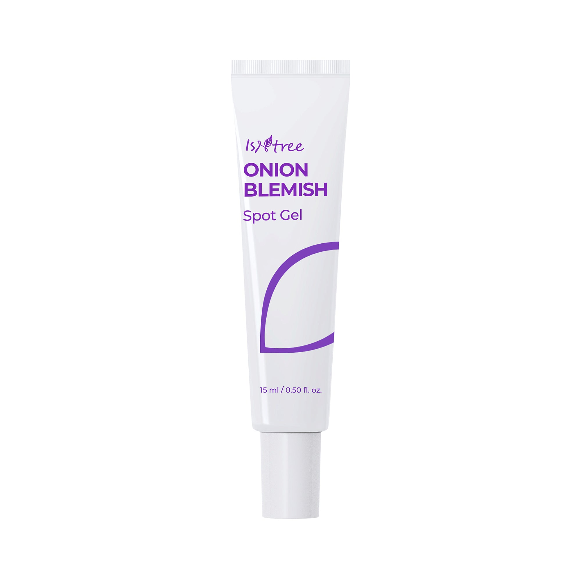 White Isntree Onion Blemish Spot Gel tube with purple text and a purple curved graphic, featuring a white screw cap.